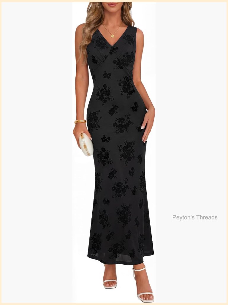 Sleeveless Floral Bodycon Maxi Dress V-Neck Wedding Guest Cocktail